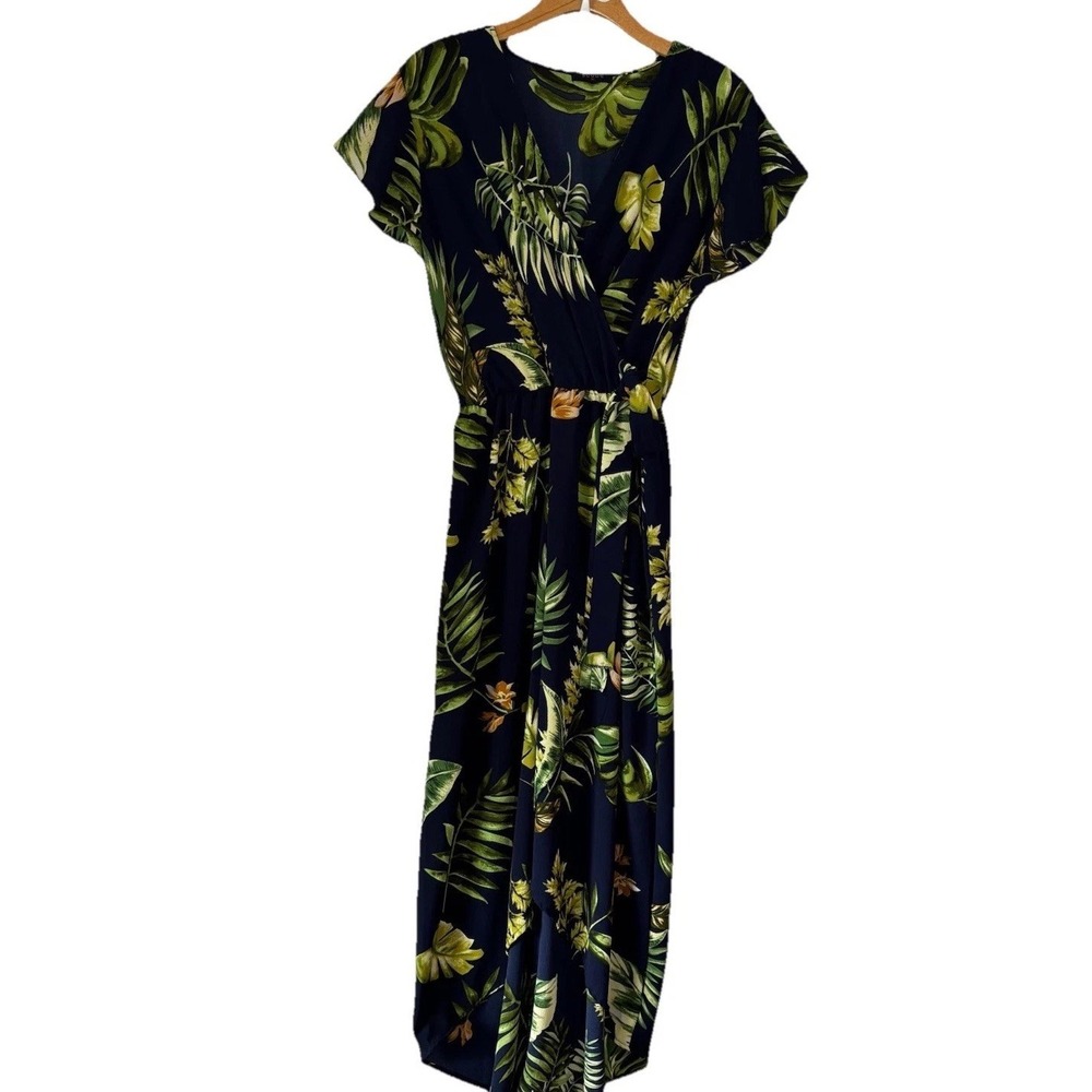 Scobe Dress Midi Maxi Faux Wrap Navy Green Tropical‎ XL Resort Cruise Vacay USA